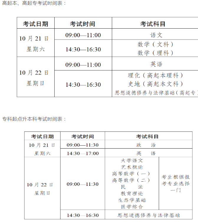 昆明成人高考考試時間？