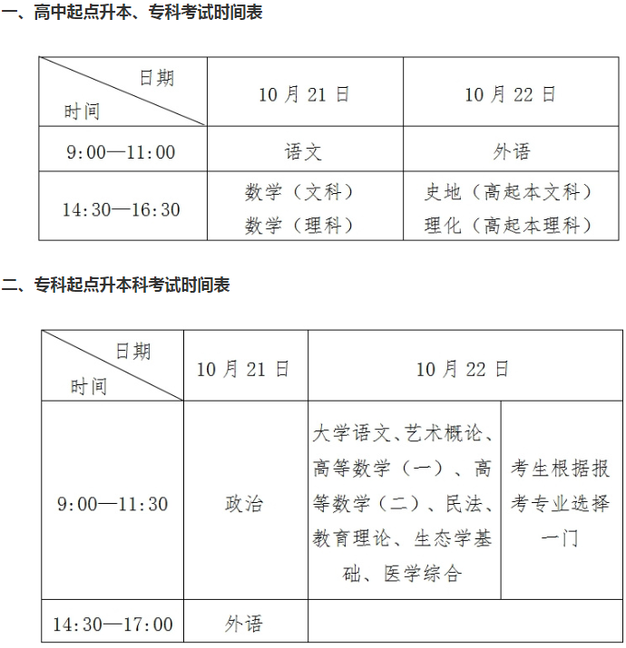 山東成人高考考試時間？