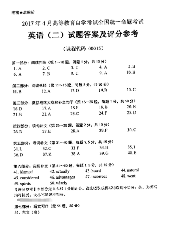 2017年4月自考英語(yǔ)二真題答案-1