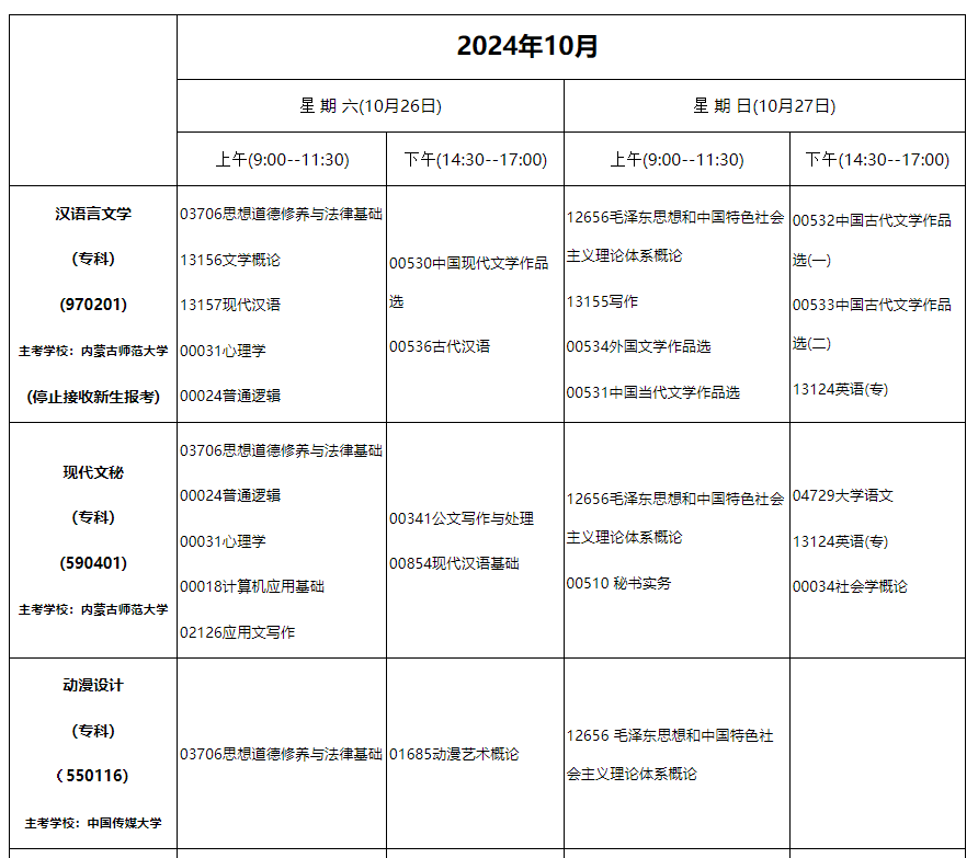 2024年10月內(nèi)蒙古自治區(qū)高等教育自學(xué)考試筆試課程考試時(shí)間安排表及實(shí)踐課考試安排