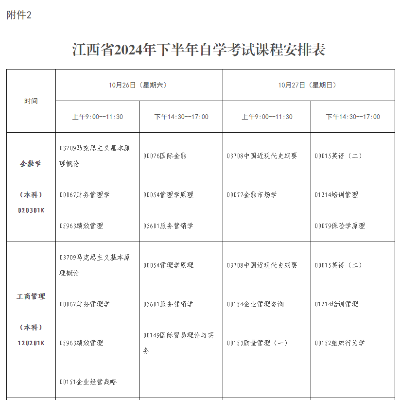 2024年10月江西省自學(xué)考試考試安排