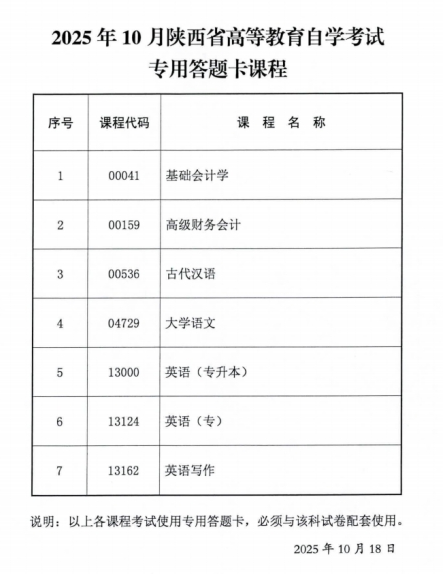 2025年10月陜西省自學(xué)考試專用答題卡等課程信息公布