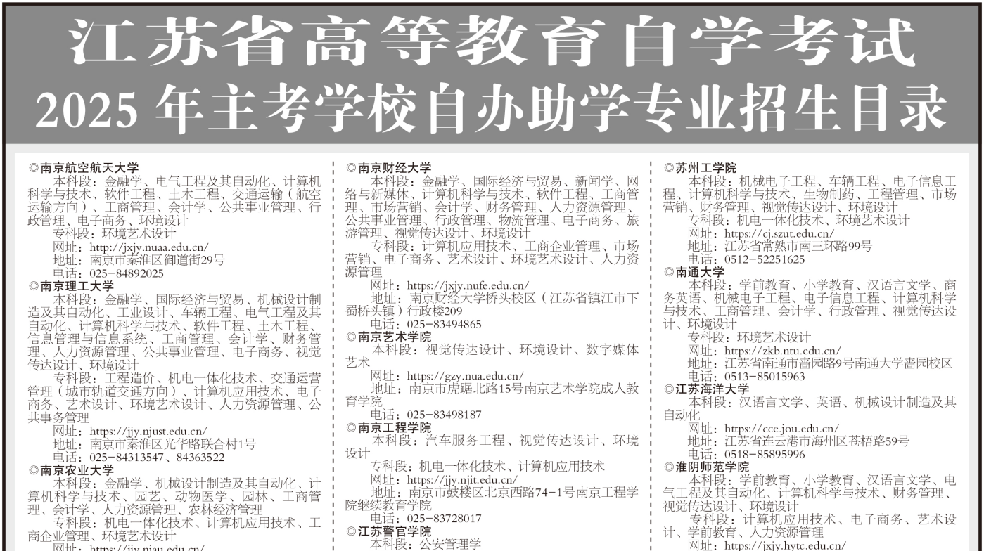 江蘇省高等教育自學(xué)考試2025年主考學(xué)校自辦助學(xué)專業(yè)招生目錄 江蘇省高等教育自學(xué)考試2025年主考學(xué)校自辦助學(xué)專業(yè)招生目錄